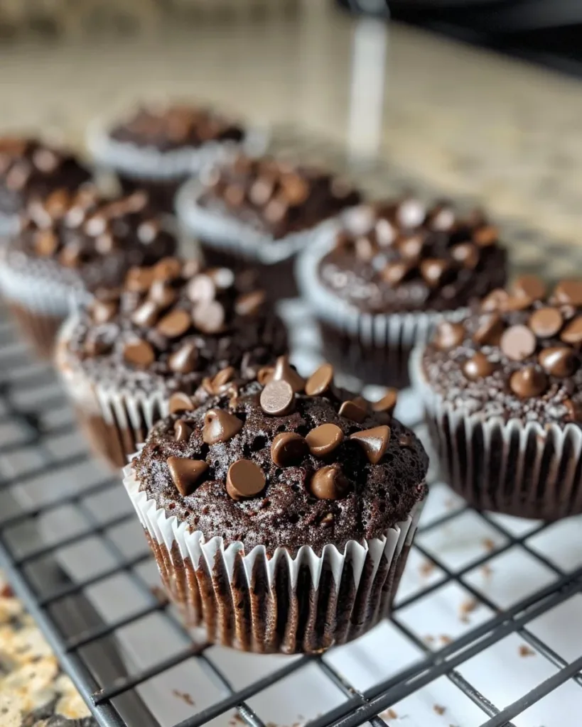 Freshly baked moist chocolate zucchini muffins cooling on a wire rack