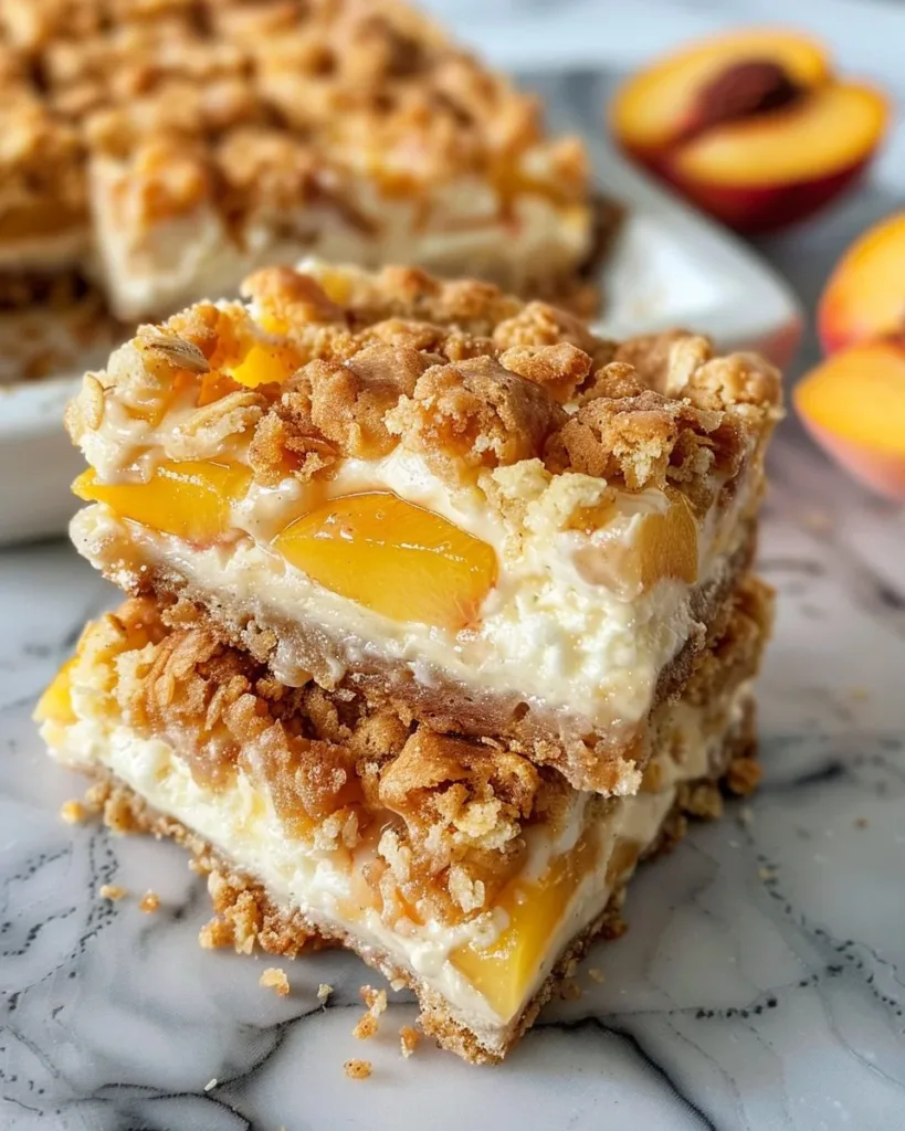 Delicious Peach Cobbler Bars topped with creamy cheesecake swirl