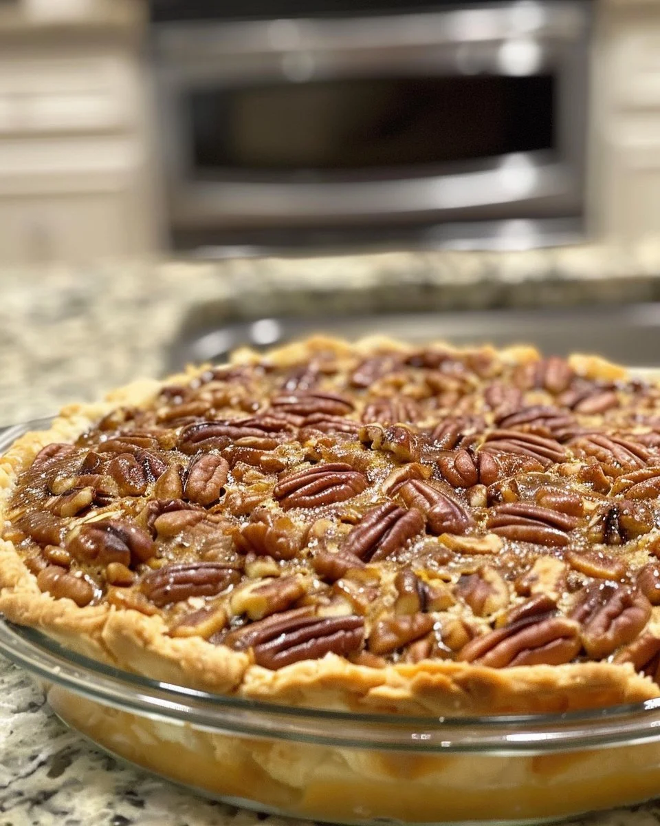 Pecan Pie Dump Cake 3 Delicious Pecan Pie Dump Cake topped with pecans in a serving dish