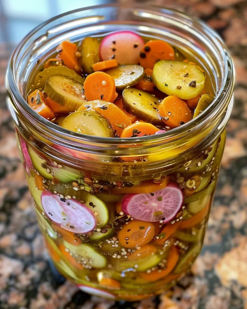 Quick & Easy Fridge Pickled Radish & Veggies 4 Quick and easy fridge pickled radish and assorted vegetables in jars