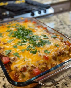 Savory Stuffed Chile Casserole topped with melted cheese and herbs