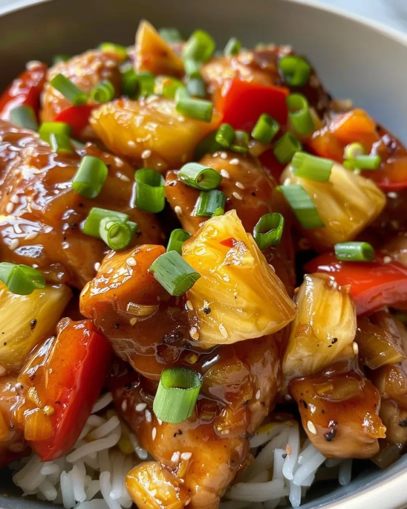 Sweet Hawaiian Crockpot Chicken served in a bowl with colorful vegetables.