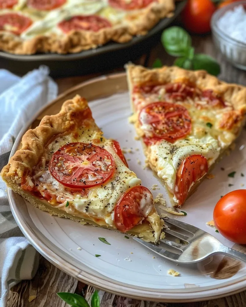 Delicious homemade tomato pie topped with fresh herbs and cheese